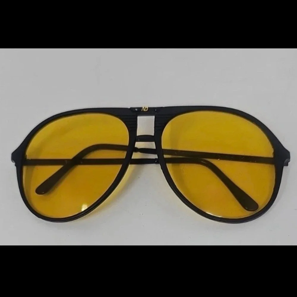 Vintage 1980s Amber Vision Night Drive Aviator Sunglasses Yellow Lens Black